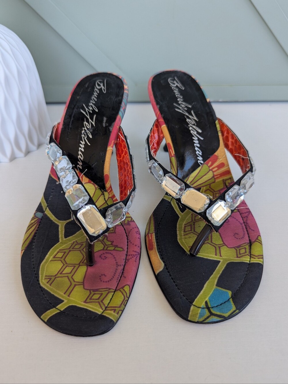 Beverly Feldman Black Multi Jeweled Thong Sandals